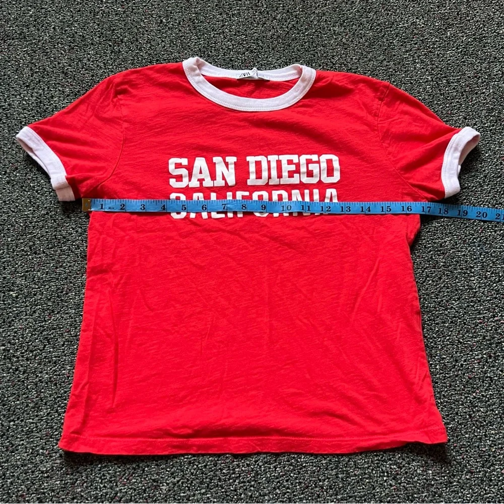 ZARA Red & White Varsity Baseball Graphic Short-Sleeve Ringer T-Shirt Shirt sz M - Picture 9 of 16